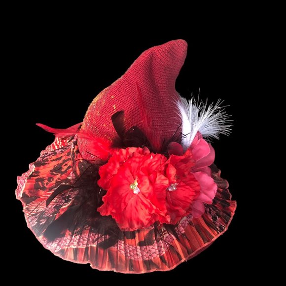 Handcrafted Y2K Boho Red Wool Blend Glamorous Embellished Floppy Hat NEW main image 4